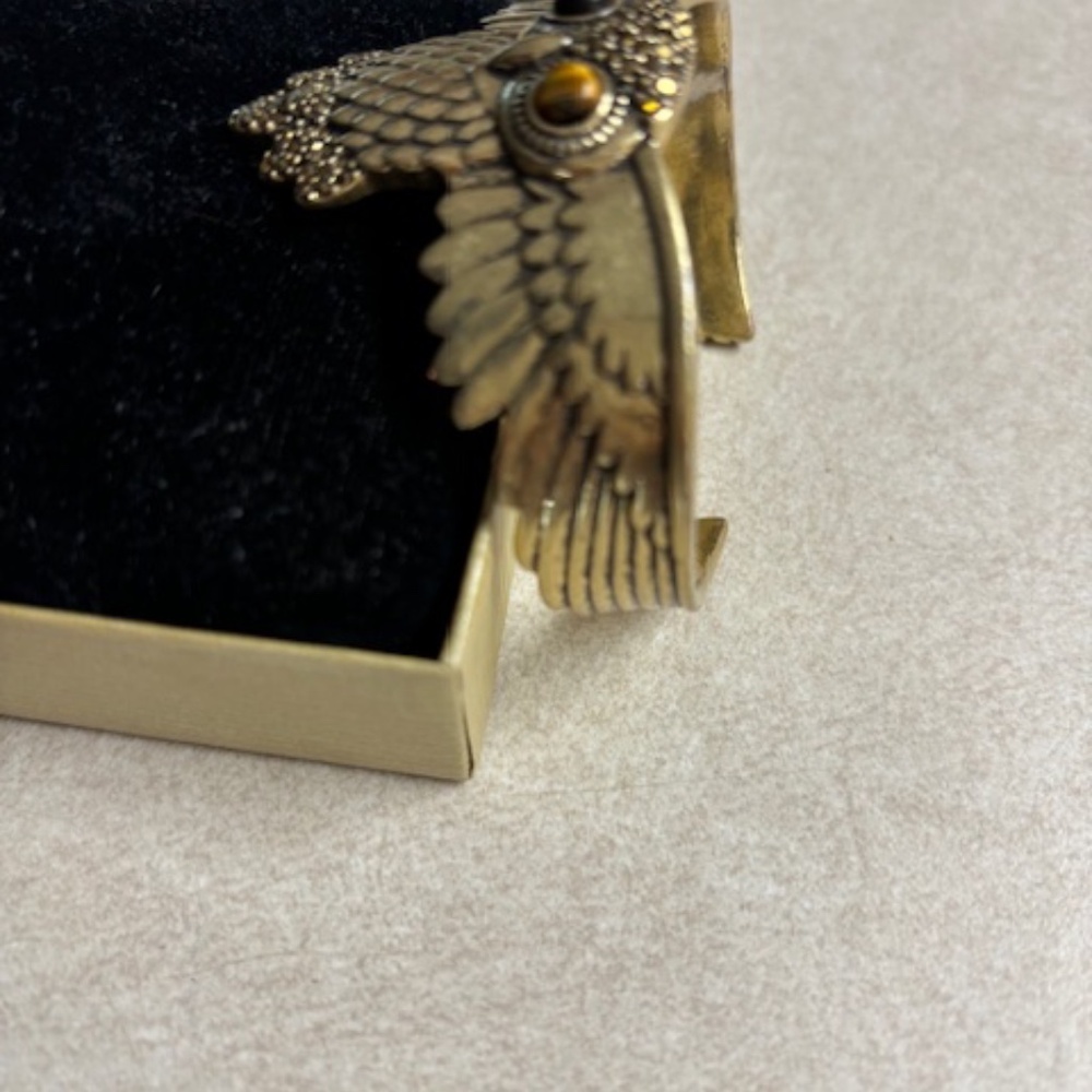 Lucky Brand Vintage Owl Cuff- Gold tone/Brass w/Tiger eye eyes stones& crystals - Picture 4 of 4